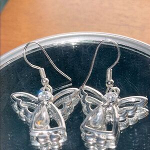 Silver Tone & Rhinestone Angel Drop‎ Wire Earrings